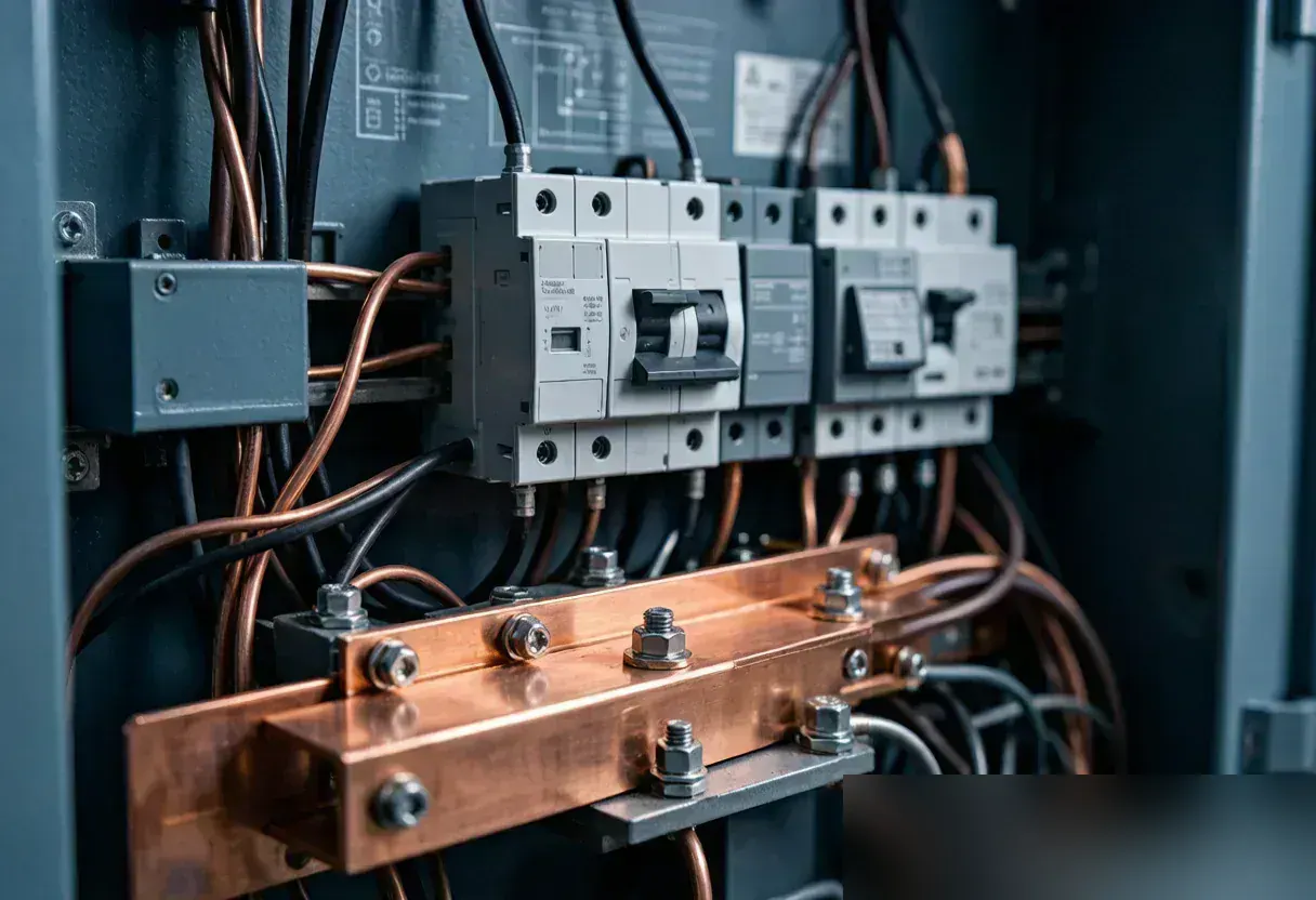 Close-up of low-voltage switchgear interior showing moulded-case circuit breakers, a bolted copper busbar and wiring