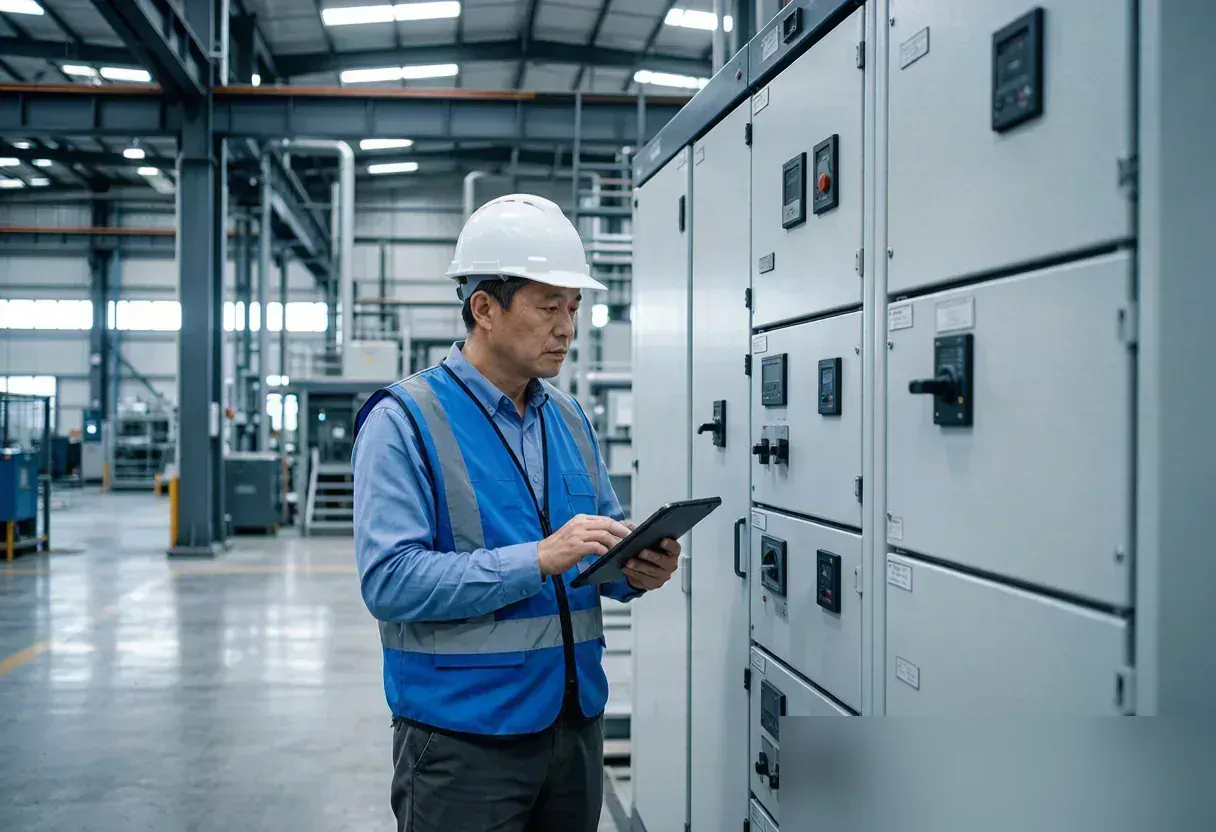 Engineer in a hard hat and hi-vis vest checking low-voltage switchgear cabinets against a tablet