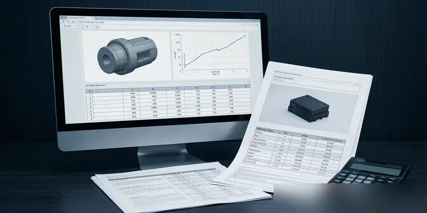 شاشة تعرض نموذجا بتصميم CAD ومخطط أداء وجدول بيانات، إلى جانب أوراق مواصفات مطبوعة