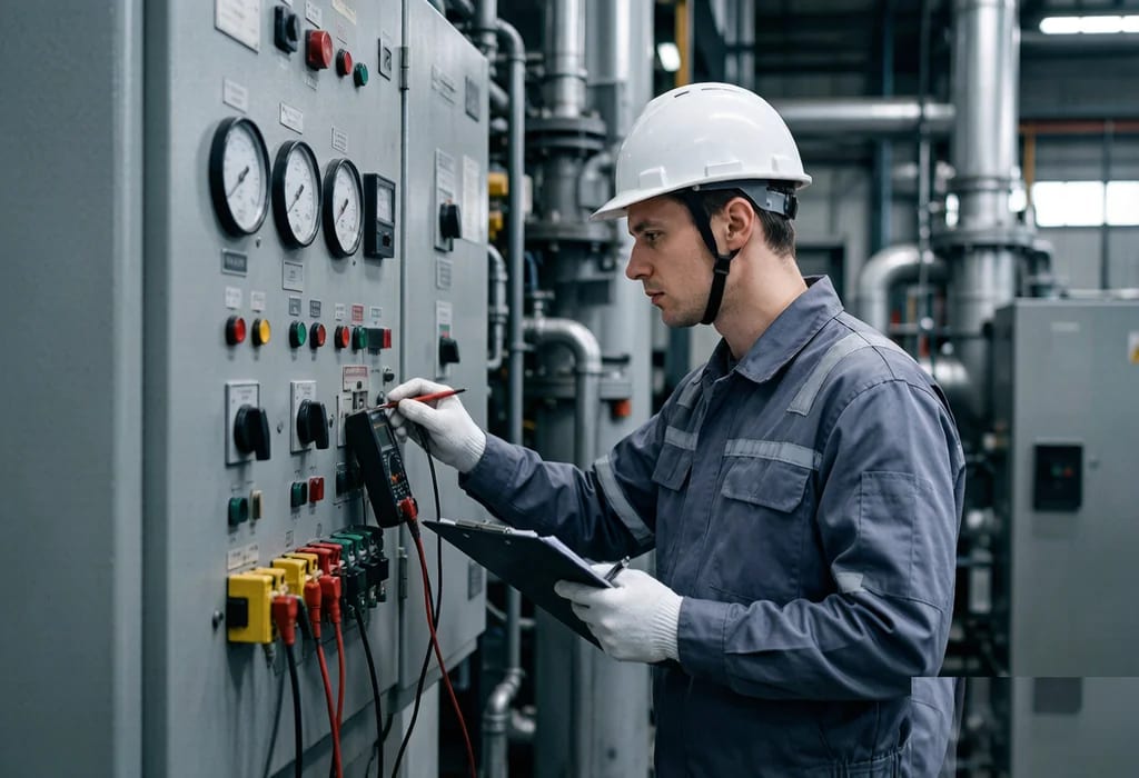 مهندس يفحص لوحة المعدات وبيانات الاختبار في الموقع