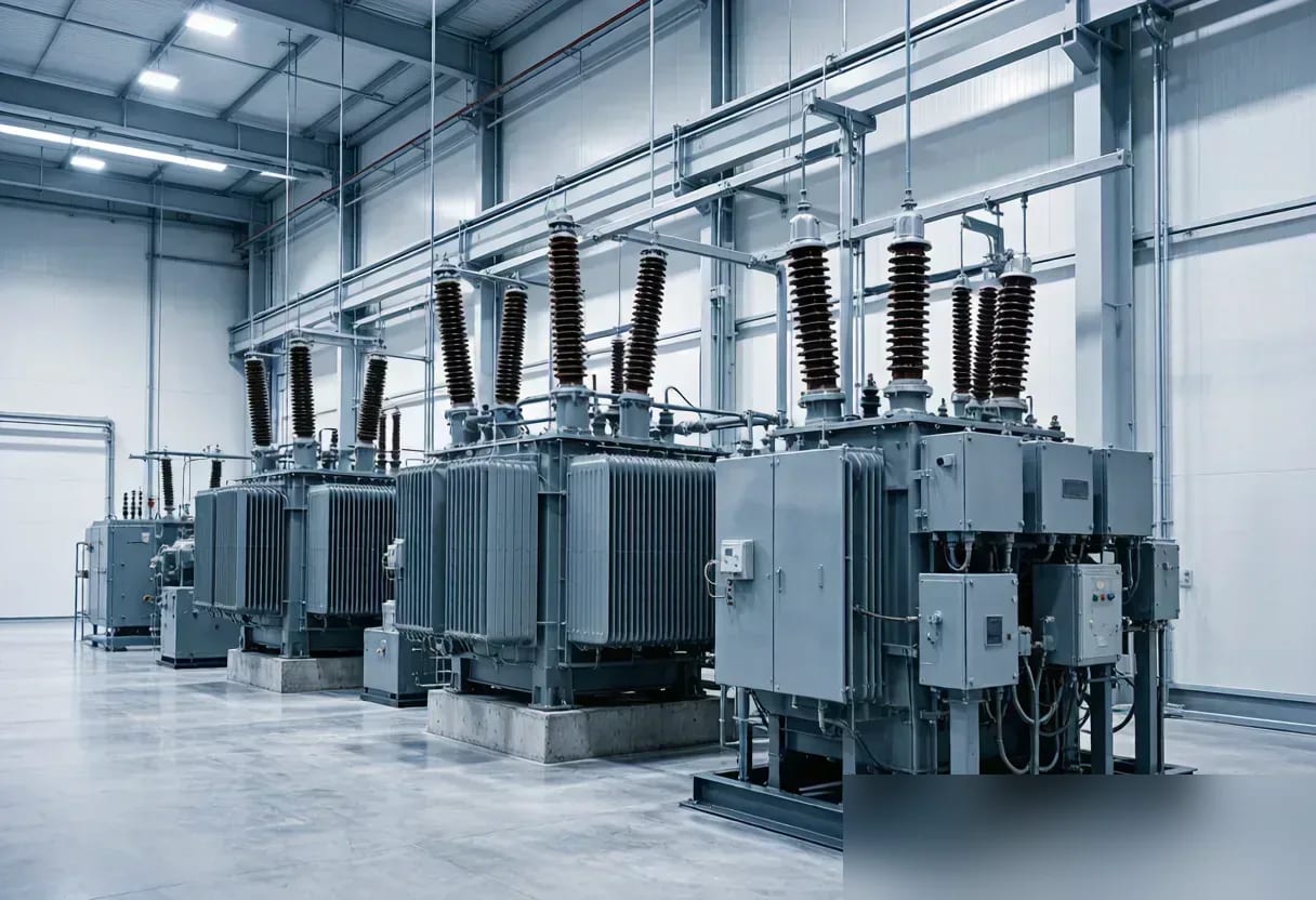 Row of oil-immersed power transformers with porcelain bushings inside a manufacturing hall