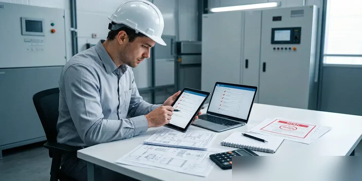 مهندس يراجع قائمة تحقق على جهاز لوحي وحاسوب محمول بجانب رسومات وتقرير فحص مختوم