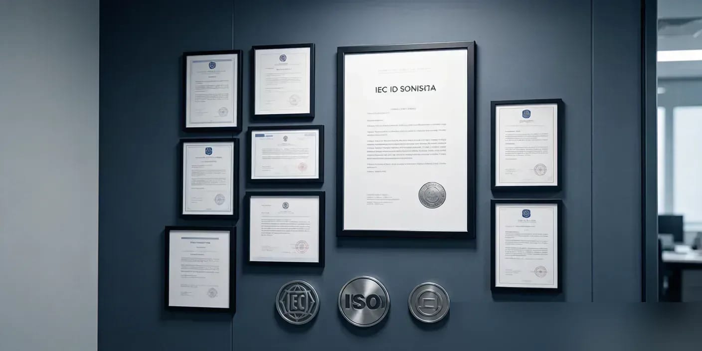 Wall of framed type-test certificates and embossed standards medallions in an office